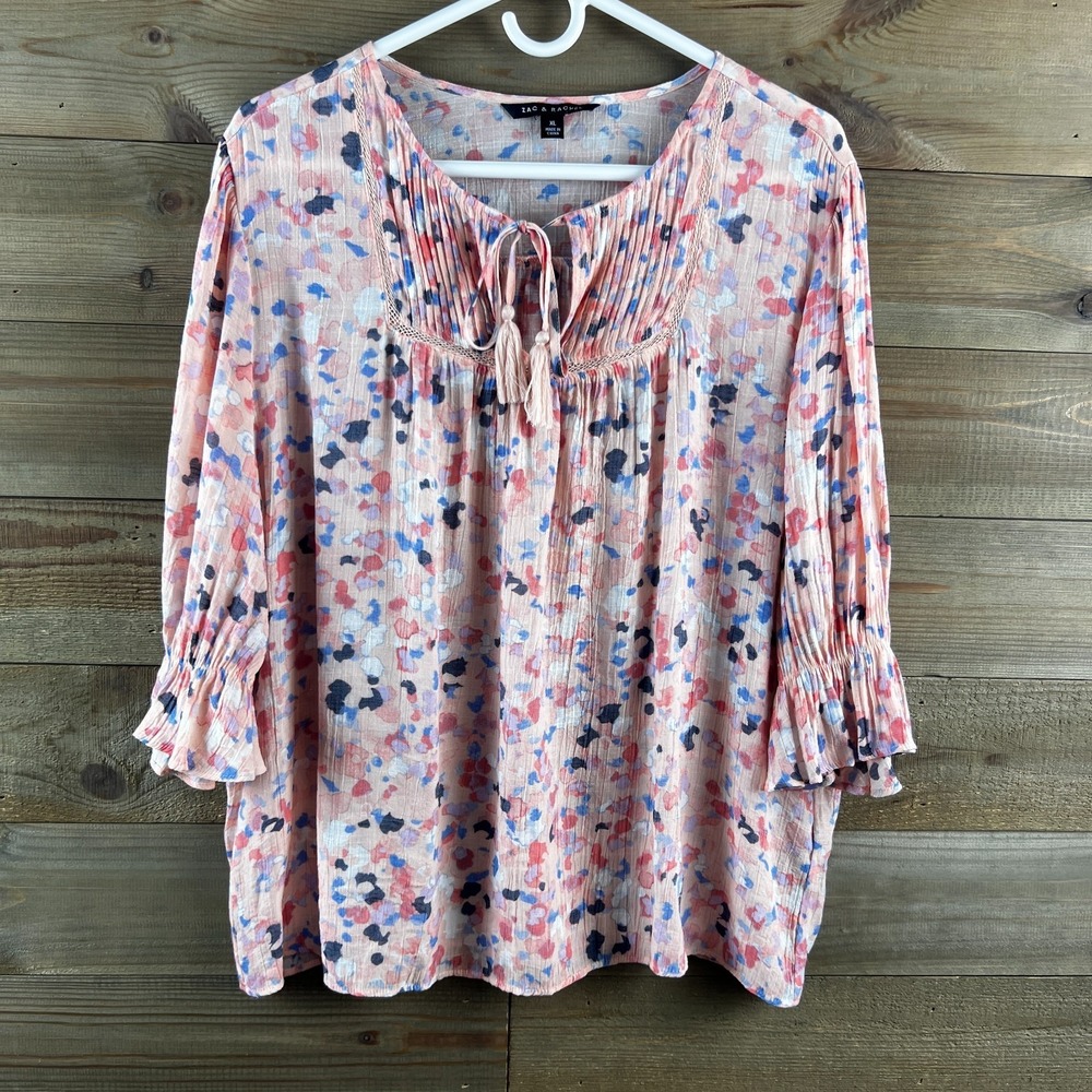 Zac & Rachel Womens Shirt 3/4 Sleeve Round Neck Spotted Pintuck Boho Size‎ XL